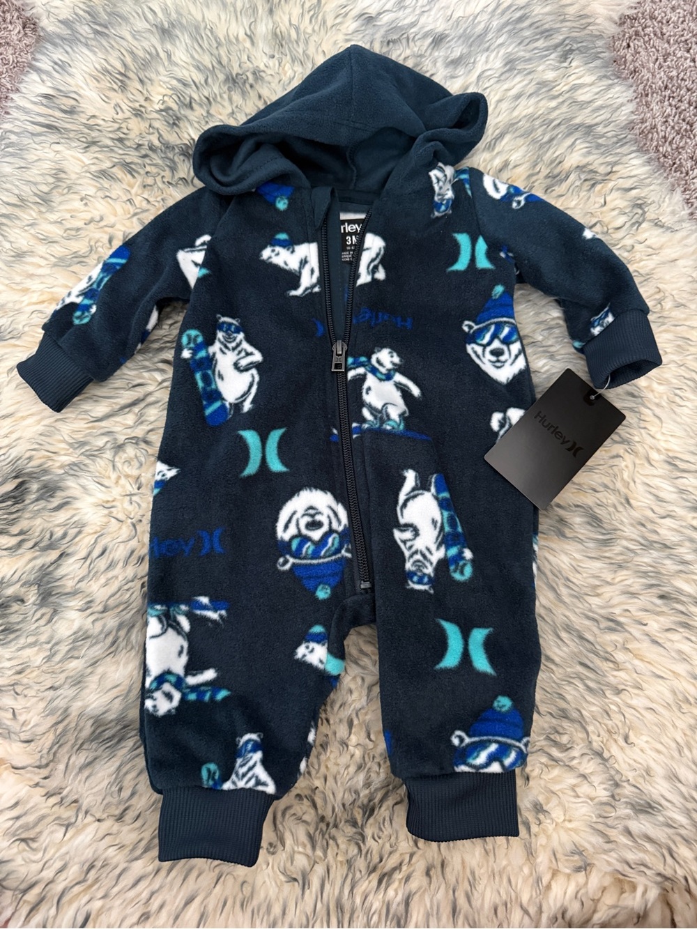 Hurley Navy and Teal Polar Bear Fleece One-Piece for Kids